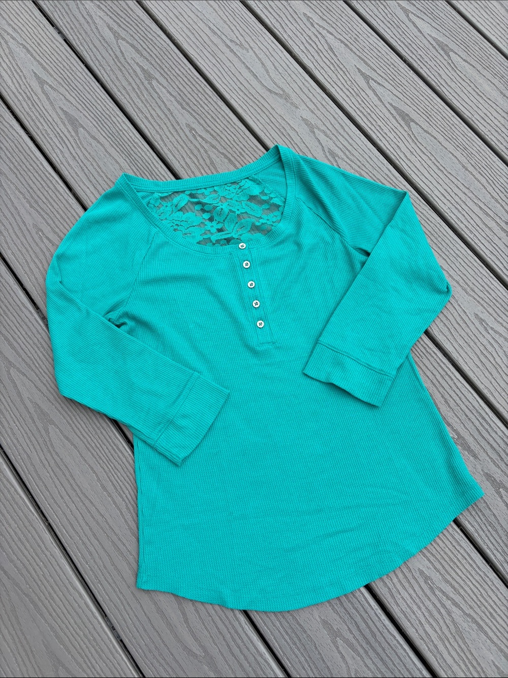 Mudd Teal Waffle Knit Lace-Back Henley